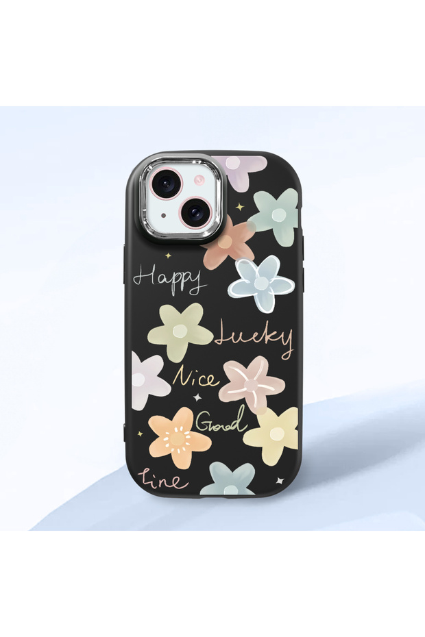 iPhone 15 Compatible Shock-Absorbing Camera Protected Black Silicone Case Floral Print