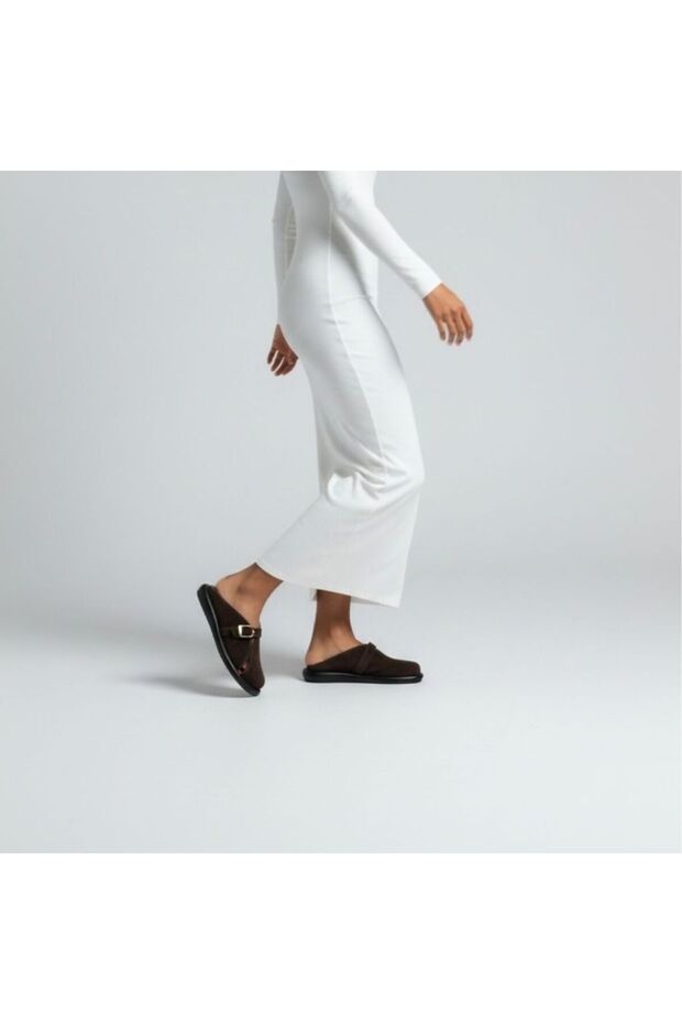 Brown Suede Genuine Leather Buckled Women's Daily Comfortable Sabo Slipper