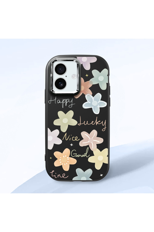 iPhone 16 Compatible Shock-Absorbing Camera Protected Black Silicone Case Floral Print