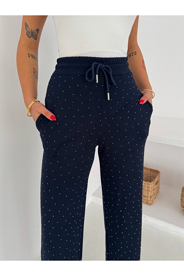 Women's Loose-Leg Stone-Embellished Modal Fabric Wide-Leg Model Sweatpants