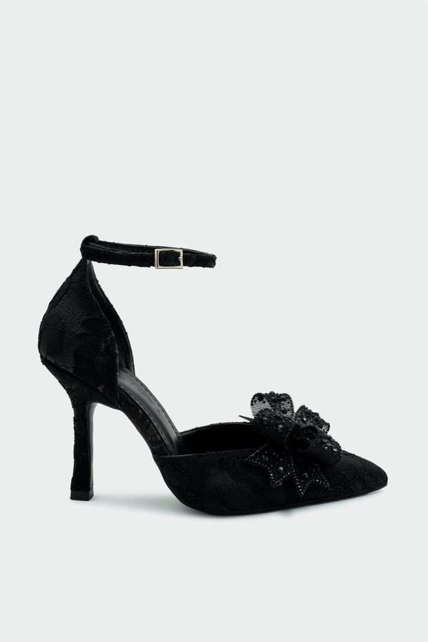 Rodop Stone Bow Detail Women's Black Heeled Shoes