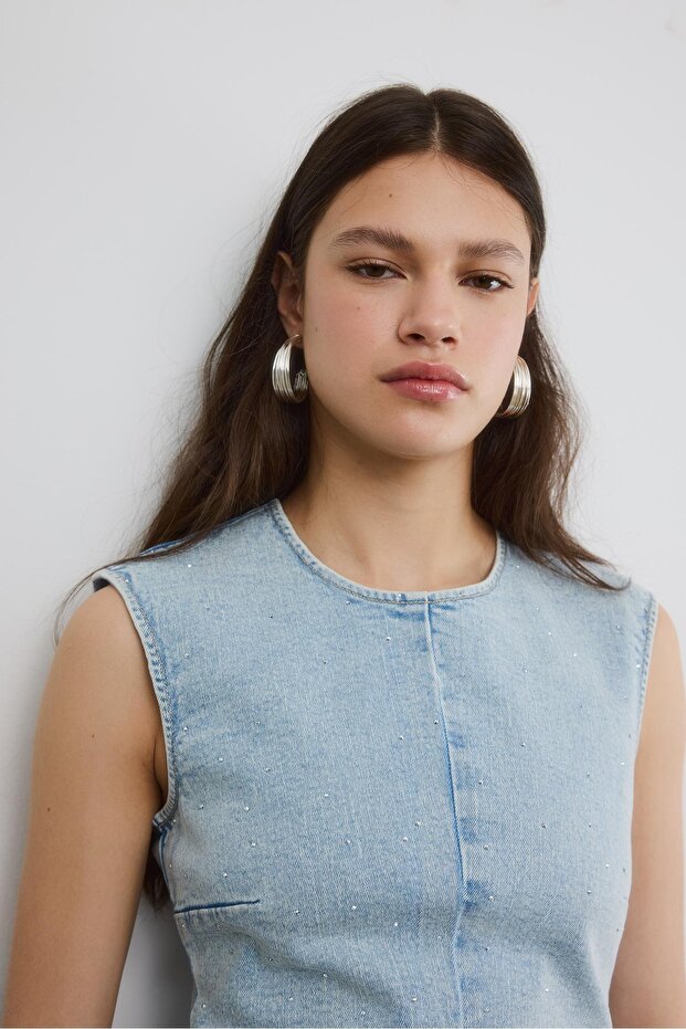 Payetli kısa denim elbise - 5