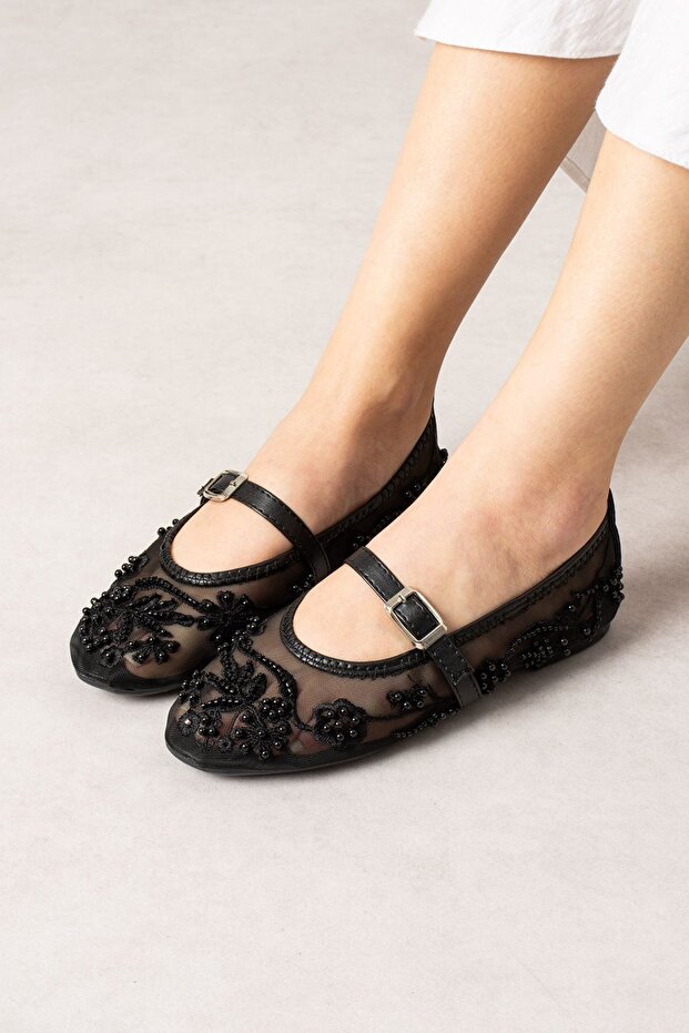 Kaira Black Tulle Embroidered Beaded K Belt I Premium Ballerinas