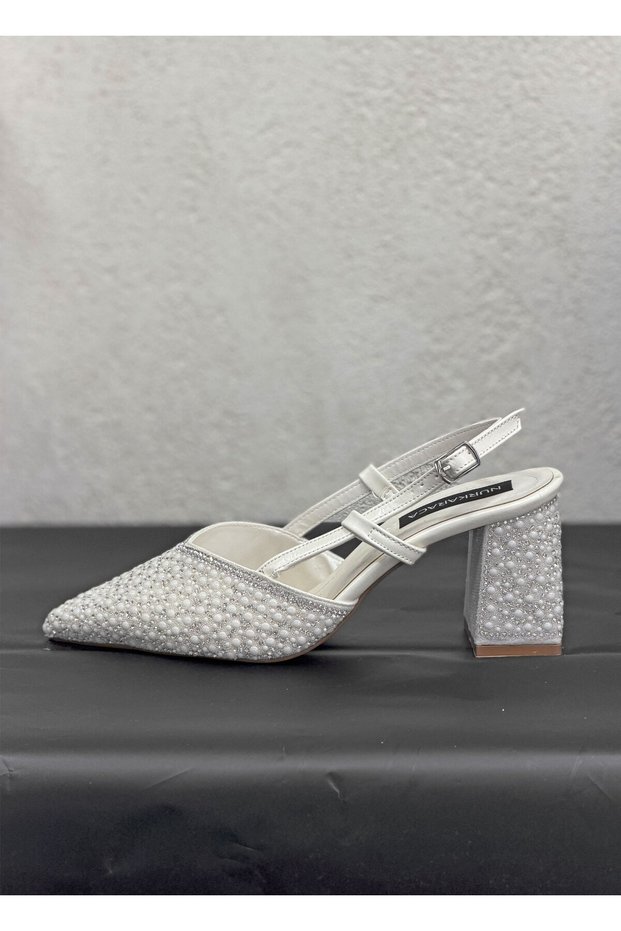 1296 Y-600 Pearl Stone Dress Shoes 8 cm Thick Heel Half Open Stiletto Shoes for Women