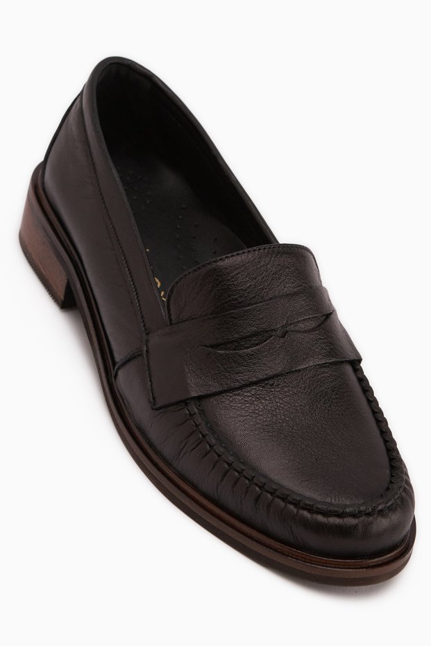 Fosia Genuine Leather Black Penny Loafers Women's Shoes