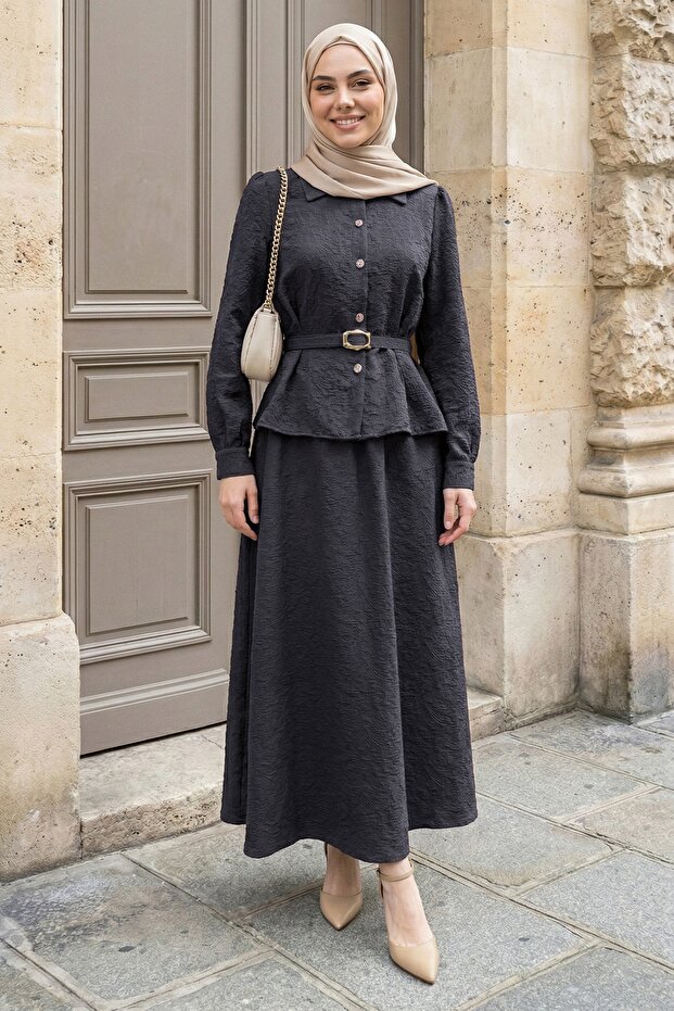 Belt Piece Smoked Suit with Buttoned Front Skirt