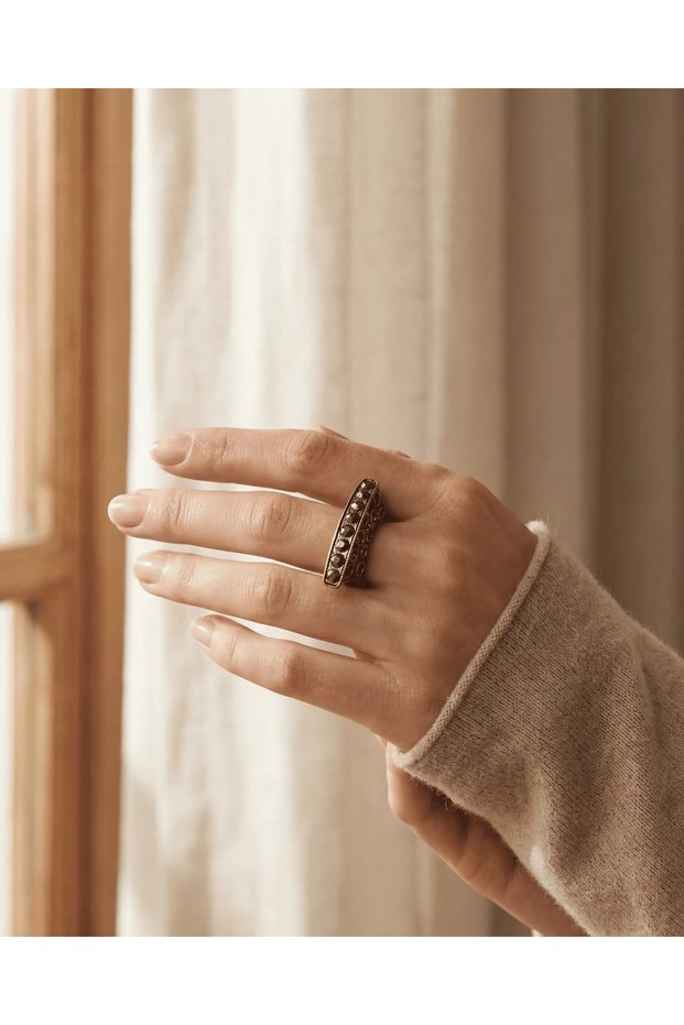 Bronze Jewelry Authentic Marcasite Row Stone Water Belt I Model Adjustable Vintage Women's Ring