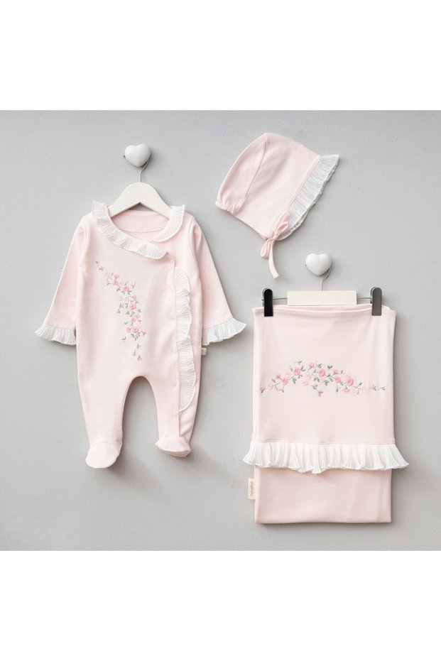 Flower Embroidered Baby Girl Overalls, Set of Blanket and 3, Hospital Release