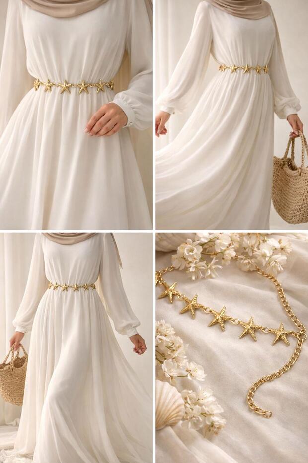 Star Detailed Women's Chain Belt Belt I - Gold