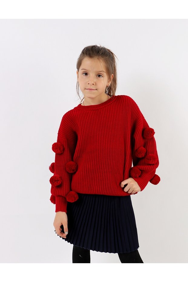 Knitted sweater with tassels, red pattern