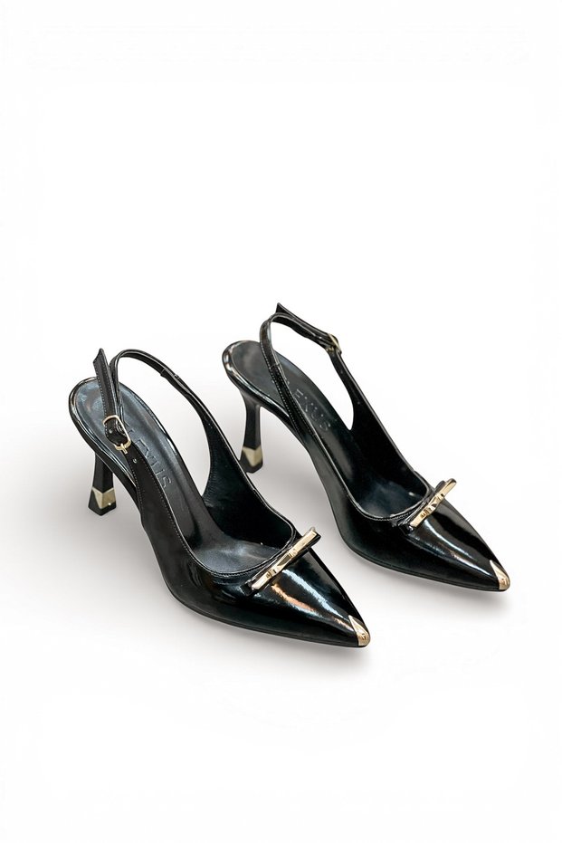 Women's Patent Leather Stiletto with Gold Ribbon and Toe Detail