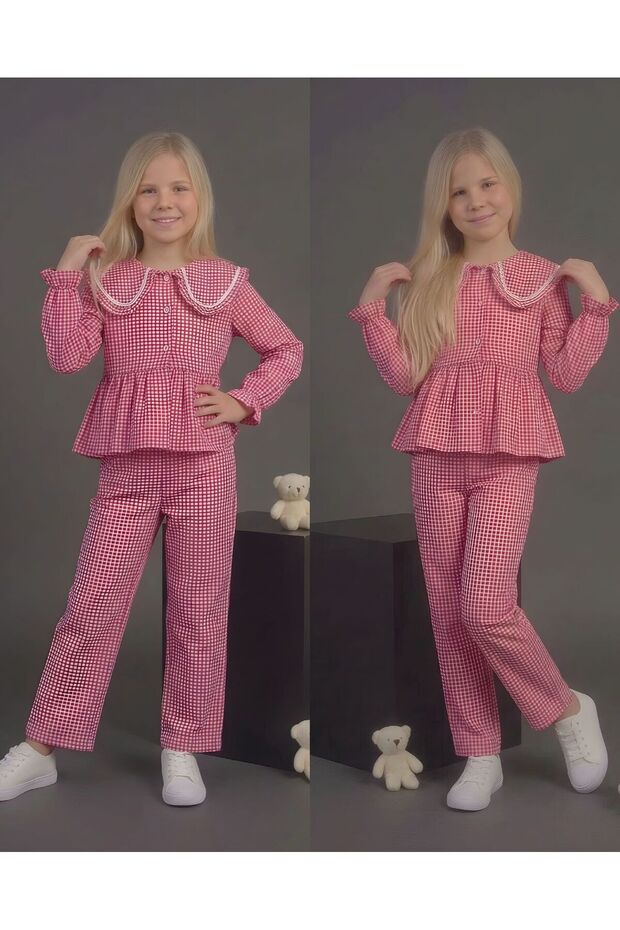 Firfir Yakali Plaid Piece Lower and Upper Girls' Set