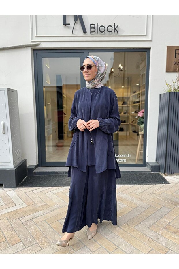 39208 منقوش طقم نسائي باللون الأزرق الداكن - 5