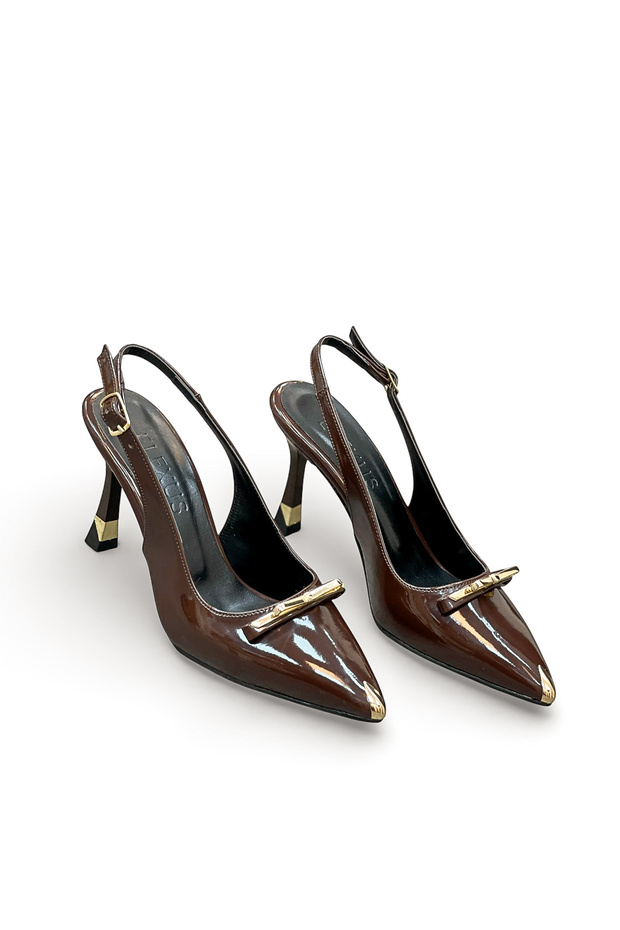 Women's Patent Leather Stiletto with Gold Ribbon and Toe Detail