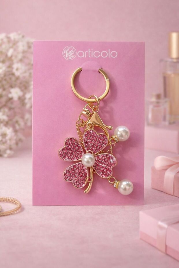 Luxury Stone Pink Flower Lucky Charm Keychain & Bag Ornament Charm Gift