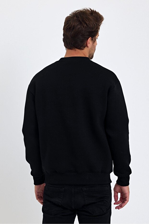 Men's Black Crew Neck Three Thread Basic Sweatshirt - 5