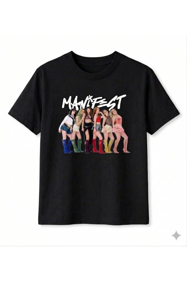 Unisex Mani̇fest B Printed P Cotton U Crew Neck Short Sleeve Black T-Shirt