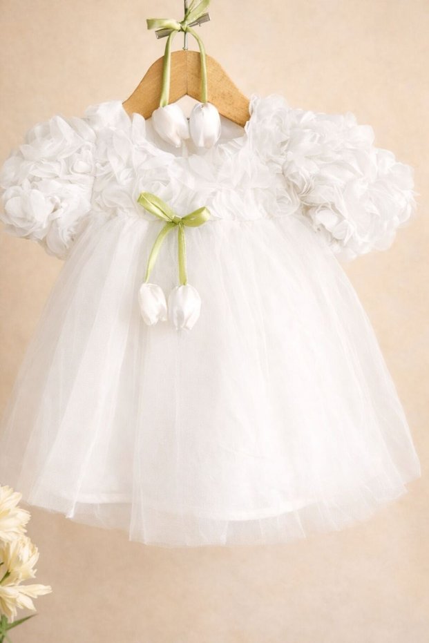 Relief Rose Tulip Detailed Buckle Gifted Girls' Special Day and Birthday Dress