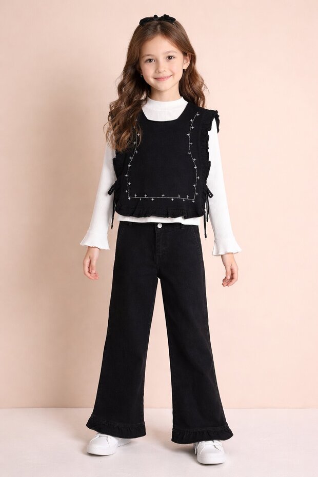 Black Wide-Legged Trousers and Stone Detailed 3-Piece Girls' Jean Set 23739