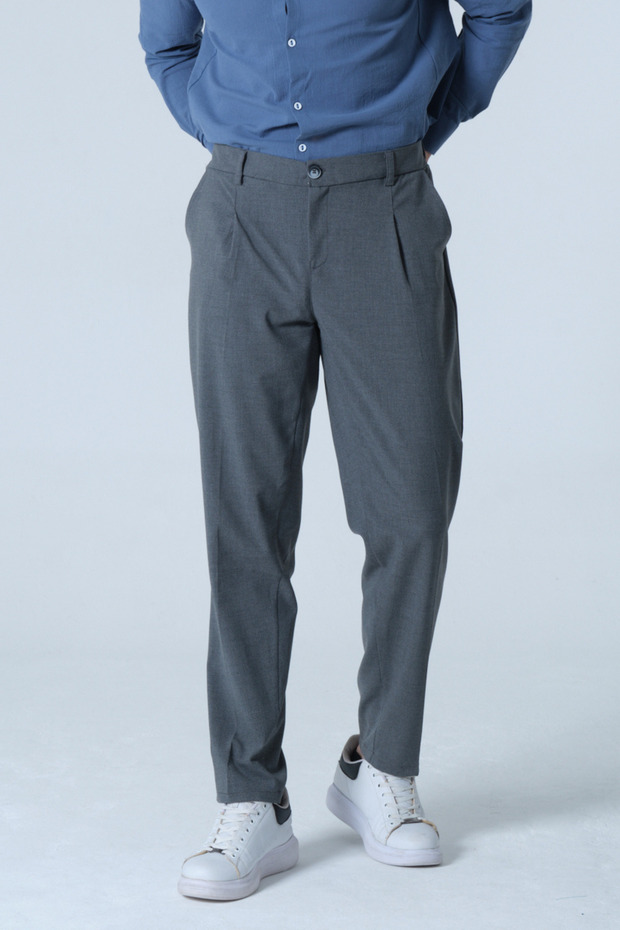 Large Size Regular Fit Pleated Dark Gray Men's Fabric Trousers