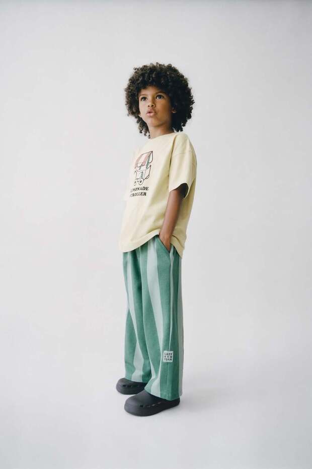 Boy's Cotton Pack Cream Lemonade Cart Printed T-Shirt Tracksuit Set - Green Striped Bottom
