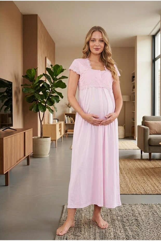 New Season Powder Maternity Short Sleeve Elegant Lace Detailed Buttoned Cotton Summer Design Nightgown