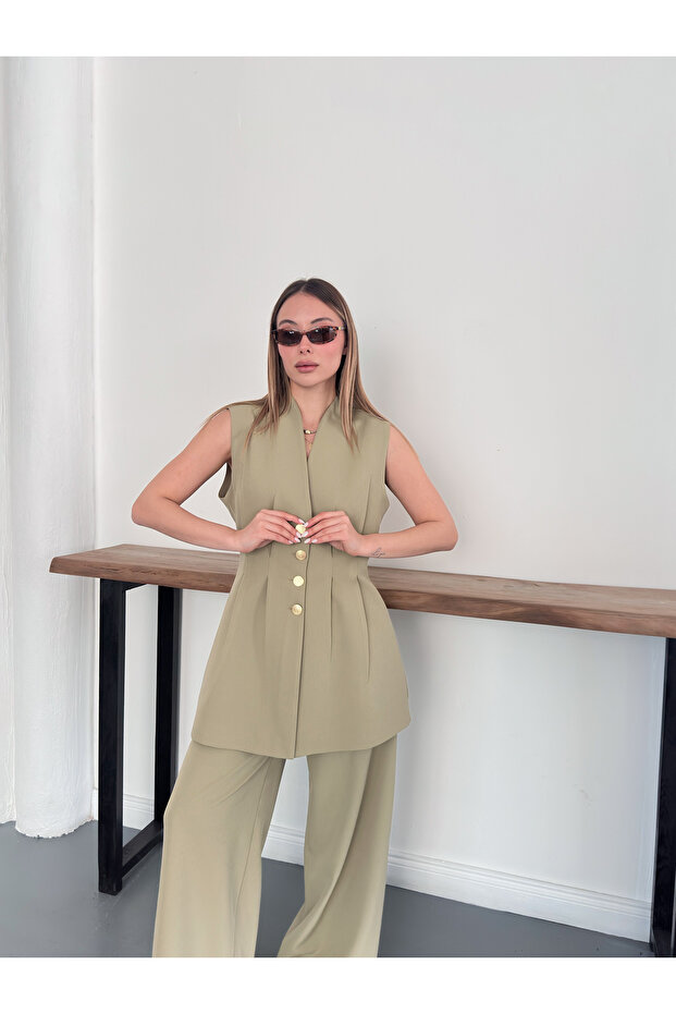 Gold Buttoned Vest Set Trouser Suit with Pencil Pants