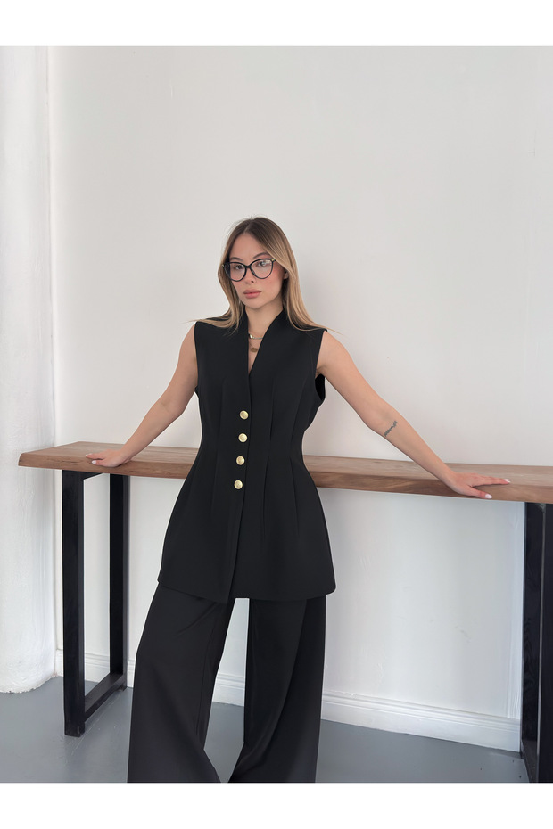 Gold Buttoned Vest Set Trouser Suit with Pencil Pants