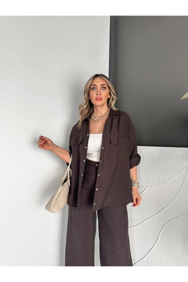 Egzoti̇k Asortik Women's V-Neck Large Pocket Snap Detailed Waist Elastic Back Pants Slim Shirt & P