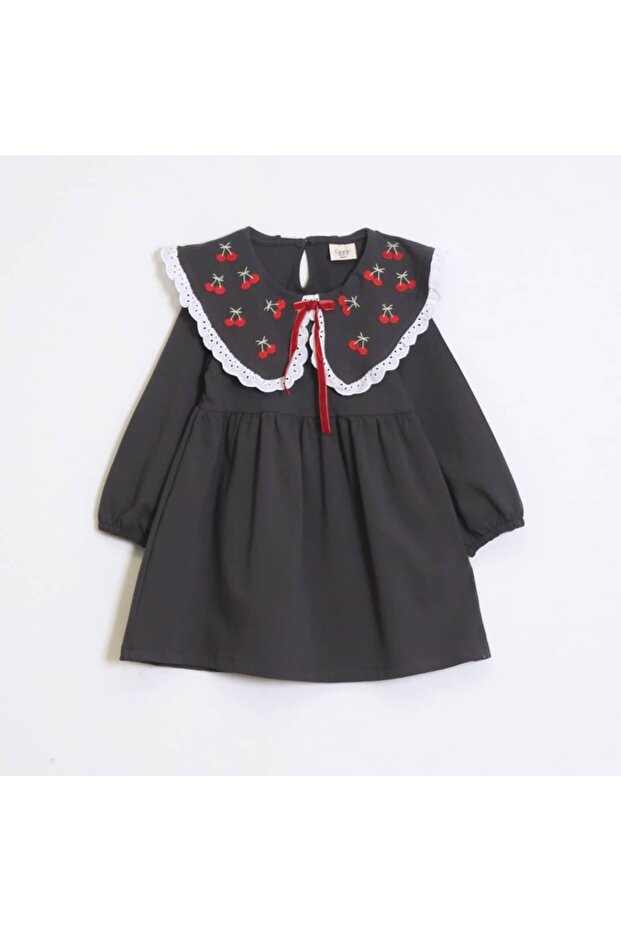 Girls' Dress with Cherry Embroidered Collars