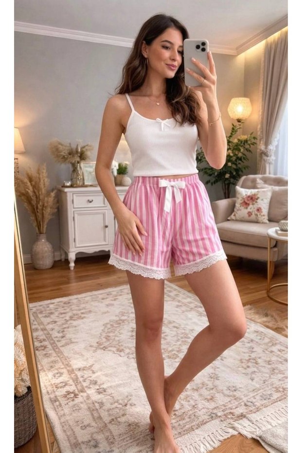 Lace Edged Bow Detail Pocketless Pink Striped Comfortable Home & Sleep Shorts Stylish Loungewear - Single Bottom -