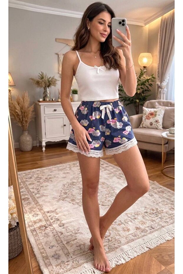 Lace Edged Bow Detail Pocketless Cloud Pattern Comfortable Home & Sleep Shorts – Stylish Loungewear - Single Bottom -