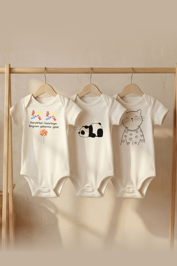 Organic 100% Cotton Piece Set of 3 Holiday Candy Printed Short Sleeve Snap Fastener Baby Bodysuit