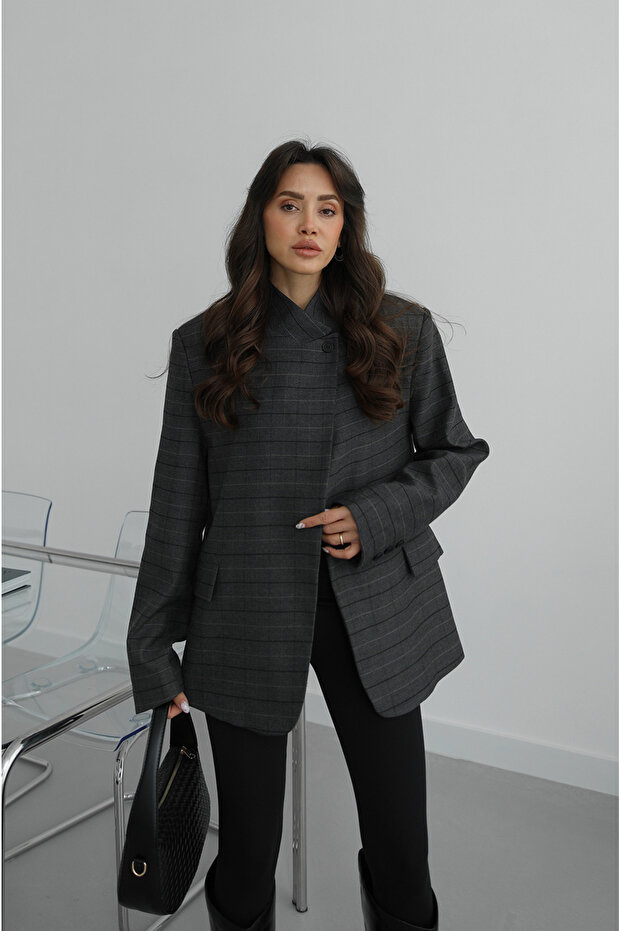 Anthracite Single Button Plaid Blazer Jacket - 1