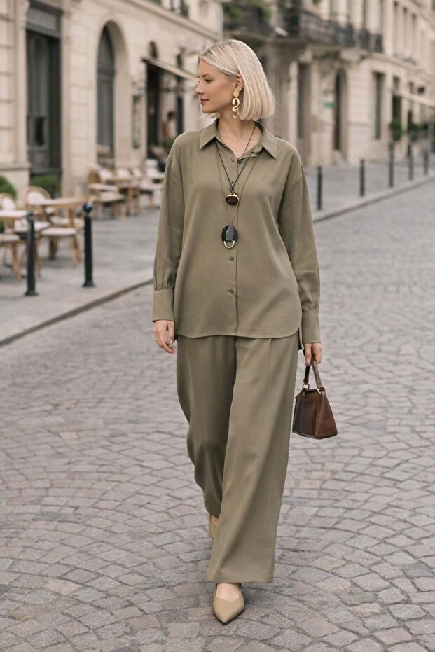 طقم قميص وبنطلون SOFT Olive Premium منسدل - كاكي - S