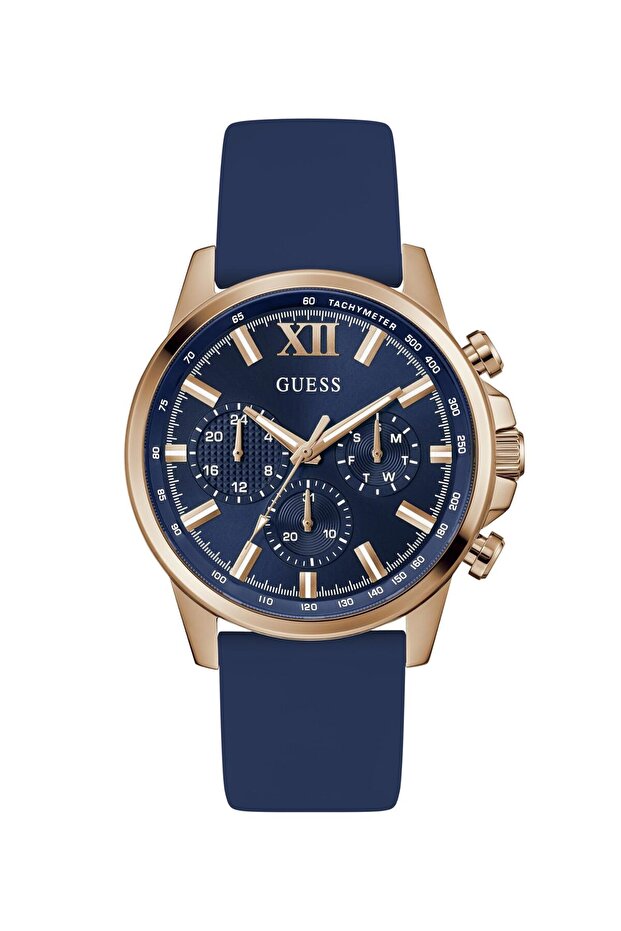 Mens Blue Rose Gold Tone Multi-function Watch