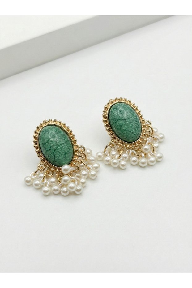 Gold Color Oval Stone Looking Pearl P Tasseled Women's Earrings