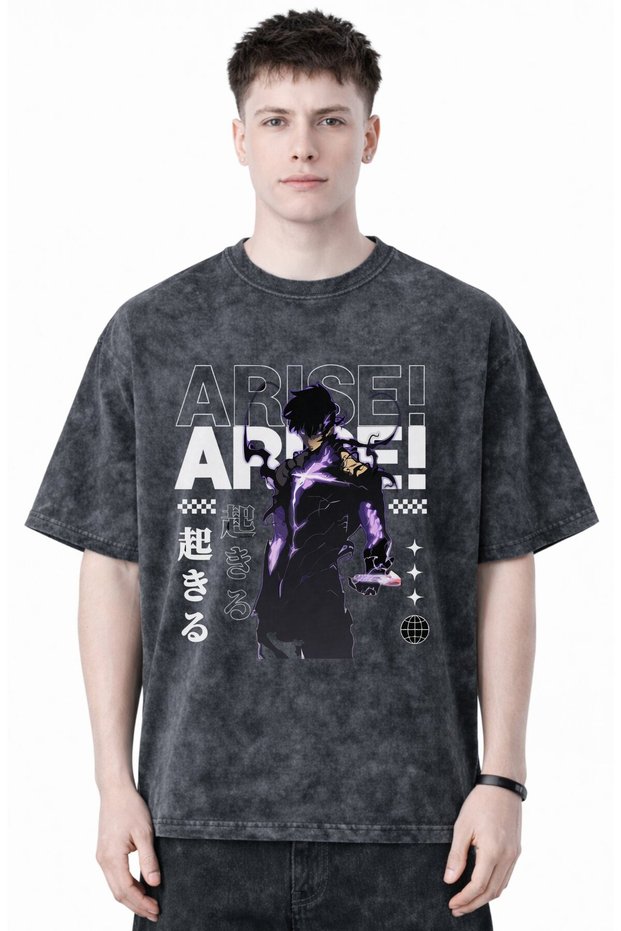 Sung Jin Woo Arise Solo Leveling Anime Printed Unisex Oversized Vintage Washed T-Shirt