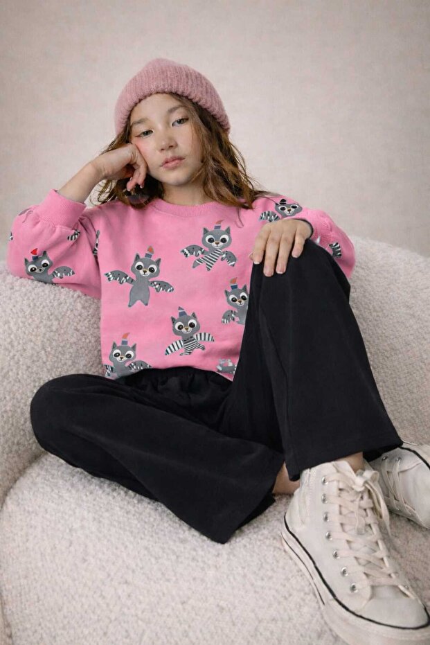 Girl's Bat Cat Patterned Sweatshirt Wide-Leg Pants Set