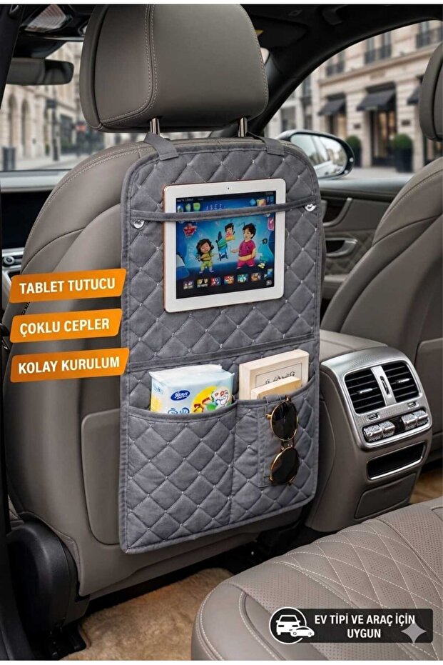 Car Seat Back Organizer Gray Leather Tablet Phone Holder Car Interior Organizer Auto Seat Baby
