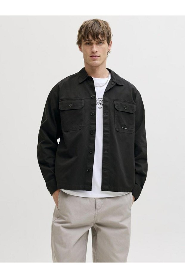 Men's Black Jcoben Classic Fusion Badge Overshirt Shirt 12293685-Black