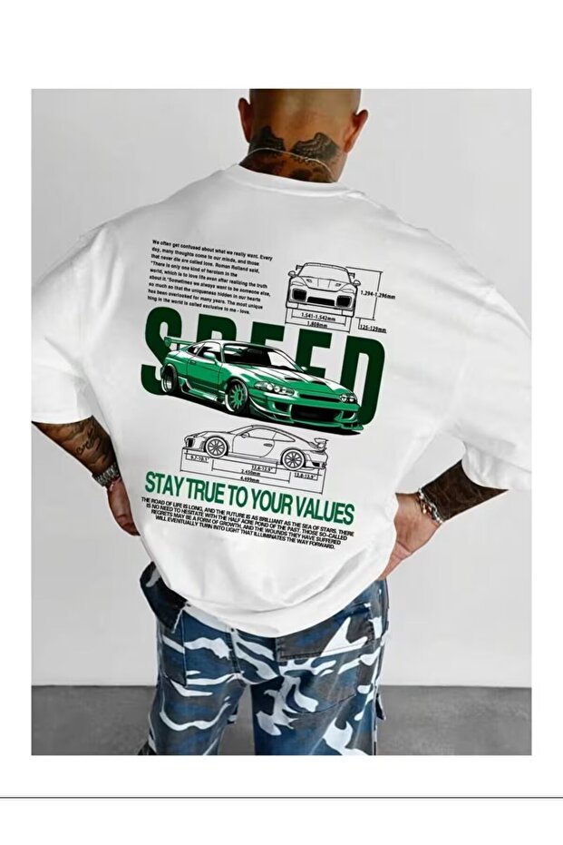 Beige Men's Crew Neck Speed Printed Oversized / Wide Fit Knitted T-Shirt