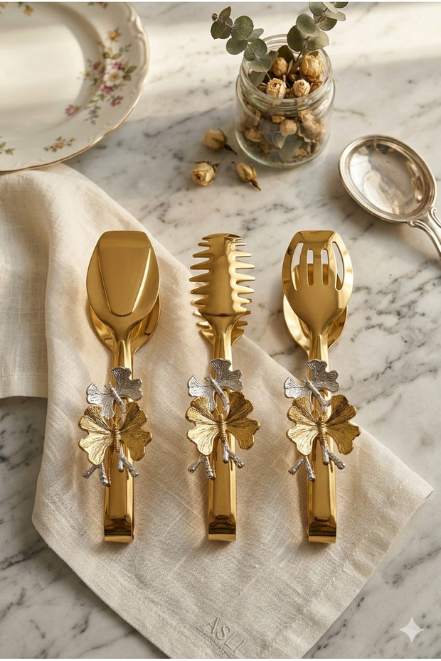 3-Piece Butterfly Gold Lux Serving Presentation Set Titanium Coated Tongs Set Stainless Steel