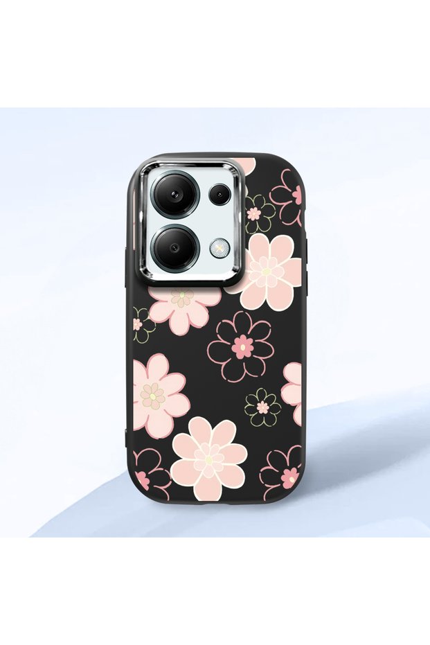 Redmi Note 13 Pro 4g Compatible Shock-Absorbing Camera Protected Black Silicone Case Floral Print
