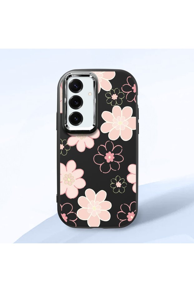 Samsung Galaxy S25 Plus Compatible Shock-Absorbing Camera Protected Black Silicone Case Floral Print