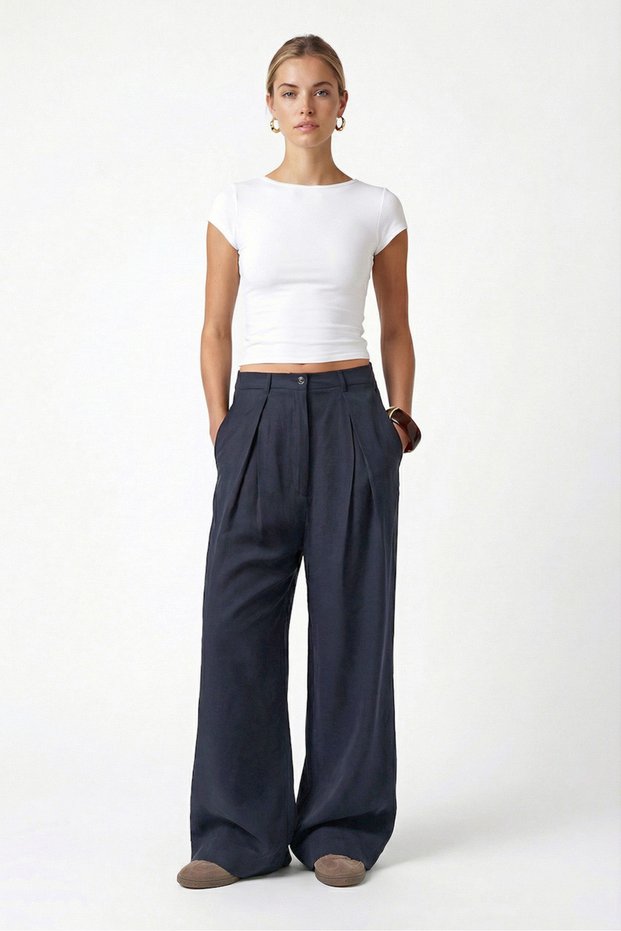 Women's Eliot Ultra Soft Woven Modal Pleated Wide Leg Navy Blue Palazzo Pants