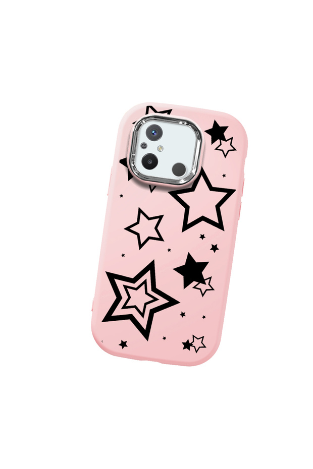 Redmi 12C Compatible Camera Protected Pink Soft Silicone Phone Case Star Patterned