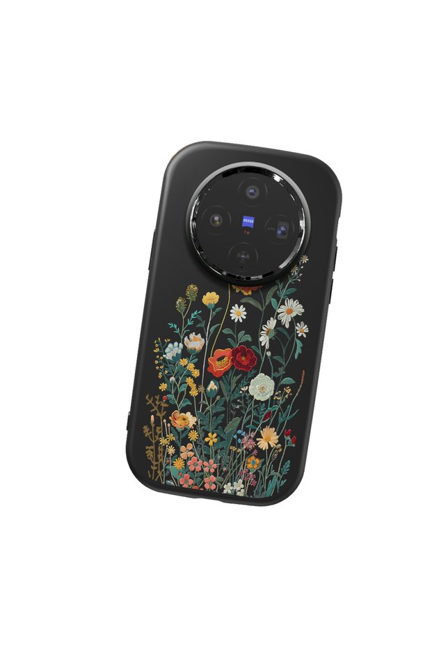 Vivo X300 Compatible Camera Protected Black Soft Silicone Phone Case Floral Print