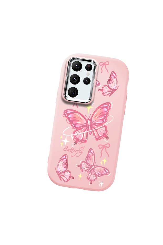 Samsung Galaxy S22 Ultra Compatible Camera Protected Pink Soft Silicone Phone Case Butterfly Patterned