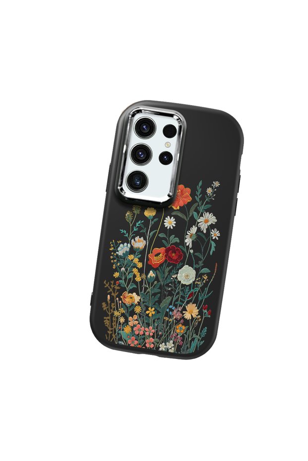 Samsung Galaxy S23 Ultra Compatible Camera Protected Black Soft Silicone Phone Case Floral Print